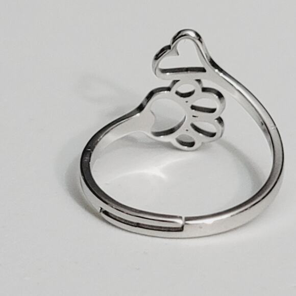 Wrap Adjustable Fashion Ring Paw Print And Heart Silver Ring - Picture 2 of 7